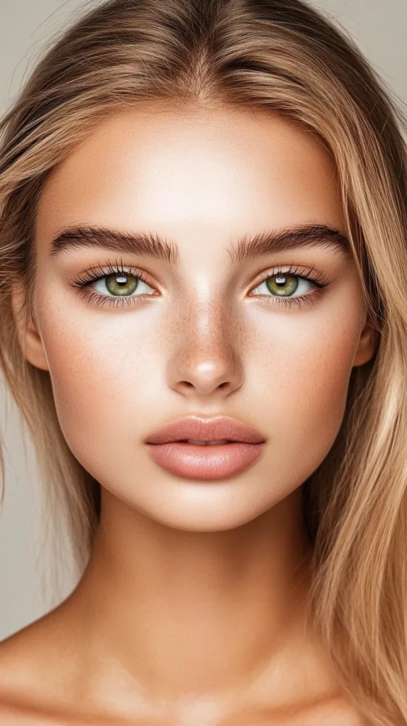 Close-up portrait of a young woman with long, light blonde hair.  Her skin is smooth and sun-kissed, with subtle freckles.  She has a natural makeup look featuring defined eyebrows and neutral tones.  Her expression is serene and her gaze is directly at the camera. The overall image conveys beauty and natural radiance.