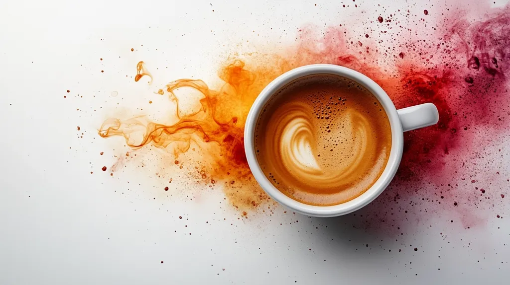 A cup of latte art coffee sits on a white surface, surrounded by a vibrant explosion of orange and red paint splatters.  The coffee's crema displays a heart-shaped design. The image is stylized, capturing the essence of energy and artistic flair associated with coffee.  The contrasting colors create a visually striking composition.