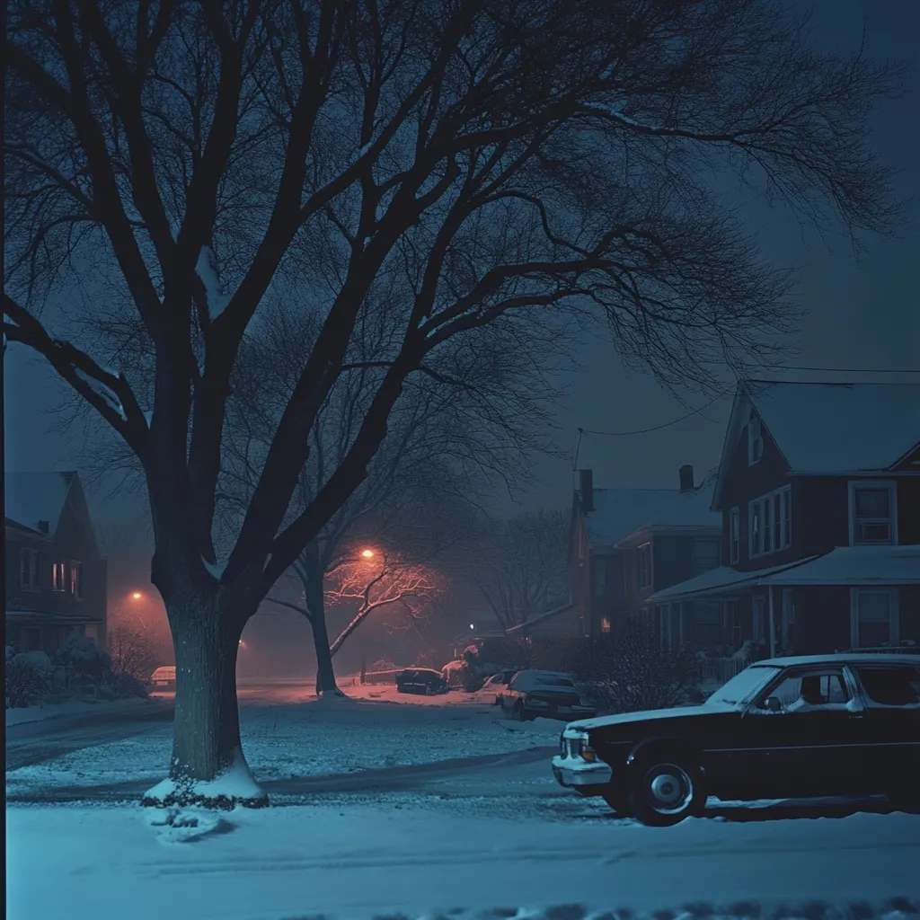 A snow-covered street at night is dimly lit by street lamps.  A large, bare tree dominates the foreground, its branches silhouetted against the dark sky.  Houses line the street, their roofs covered in snow.  A dark-colored car is parked near the curb. The scene evokes a quiet, peaceful, and slightly melancholic winter atmosphere.