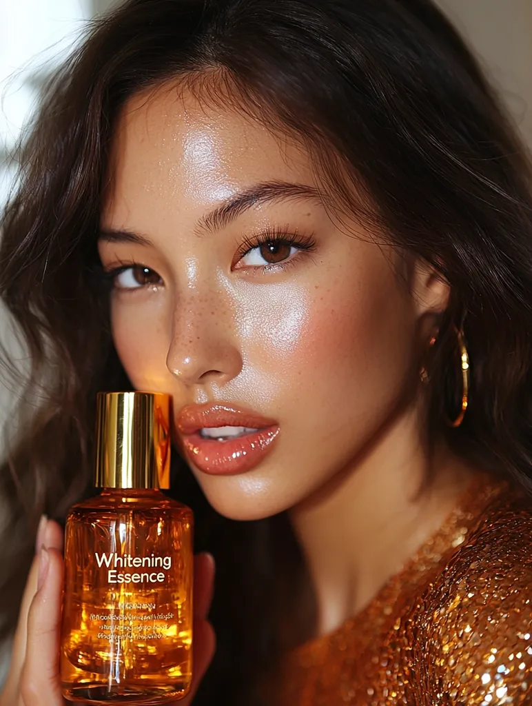 A young woman with long brown hair holds a bottle of "Whitening Essence."  Her makeup is subtly glowing, enhancing her naturally radiant complexion. She's dressed in a shimmering gold top, creating a luxurious and elegant aesthetic. The amber bottle contrasts beautifully against her skin tone, emphasizing the product's essence. The overall image projects beauty, luxury, and skincare.