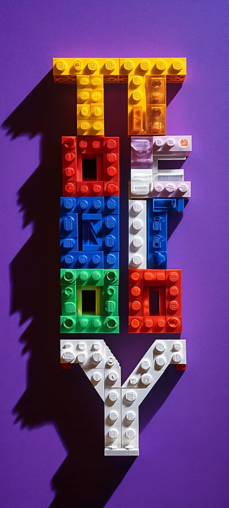The letters "TOY" are constructed from colorful LEGO bricks on a purple background.  The T is yellow, the O is a multi-colored stack of bricks, and the Y is white.  The blocks cast a shadow, enhancing the three-dimensionality of the playful composition. The vibrant colors of the LEGO bricks contrast sharply against the solid purple backdrop.