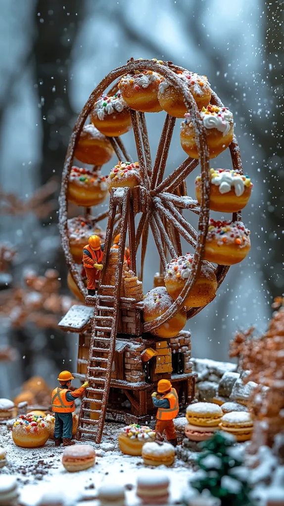 A miniature Ferris wheel constructed from pretzels and adorned with sugared doughnuts is the centerpiece of a snowy winter scene.  Tiny construction workers in bright orange vests are assembling the structure.  Surrounding the Ferris wheel are snow-dusted macarons and additional pastries, creating a whimsical, edible landscape.  The scene is dusted with a light layer of snow, enhancing the wintery ambiance.