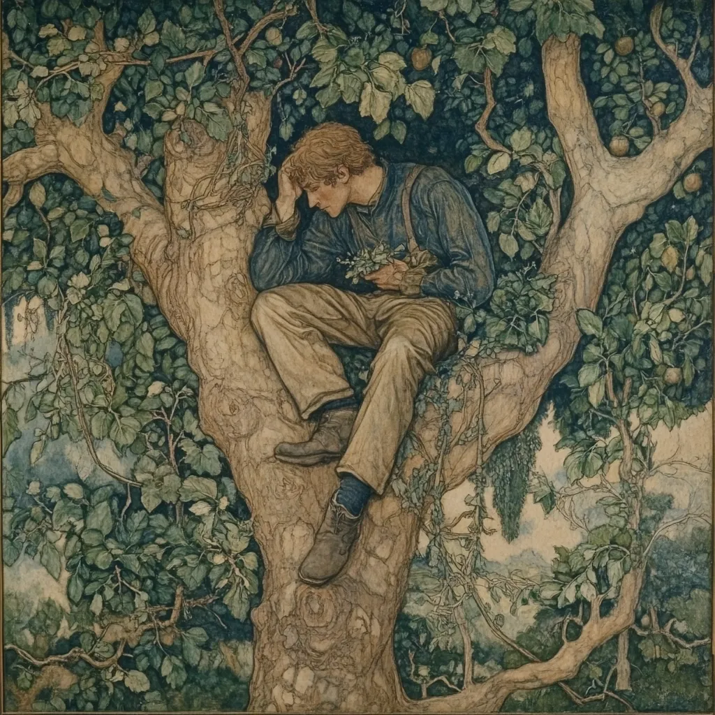 A young man sits pensively in the branches of a large tree, his hand resting on his head. He's dressed in simple, earth-toned clothing and holds a small bunch of leaves or blossoms.  The tree is lush with leaves and fruit, creating a verdant, almost dreamlike setting. The overall tone is melancholic and contemplative, suggesting a moment of quiet reflection amidst nature.