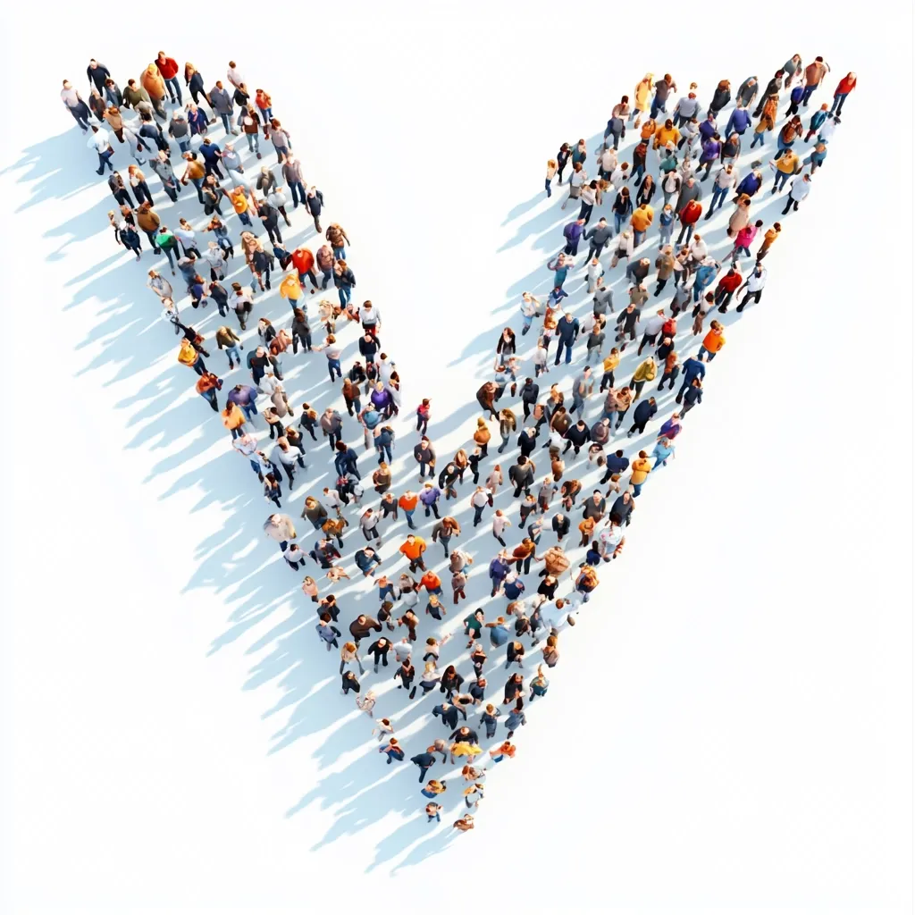 A large group of diverse people are arranged to form a V-shape from a bird's-eye perspective.  They stand closely together, their colorful clothing creating a vibrant texture within the overall shape. The V casts a shadow on the white background, emphasizing the scale and impact of the human formation. The image suggests unity, agreement, or a shared direction.