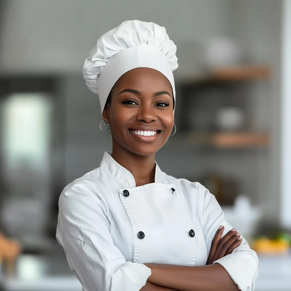 A smiling Black female chef, wearing a pristine white chef's uniform and toque, stands with her arms crossed.  Her confident expression and posture suggest professionalism and pride in her culinary skills. The background is a blurred kitchen setting, focusing attention on the chef.  The image conveys a sense of competence and success in the culinary arts.