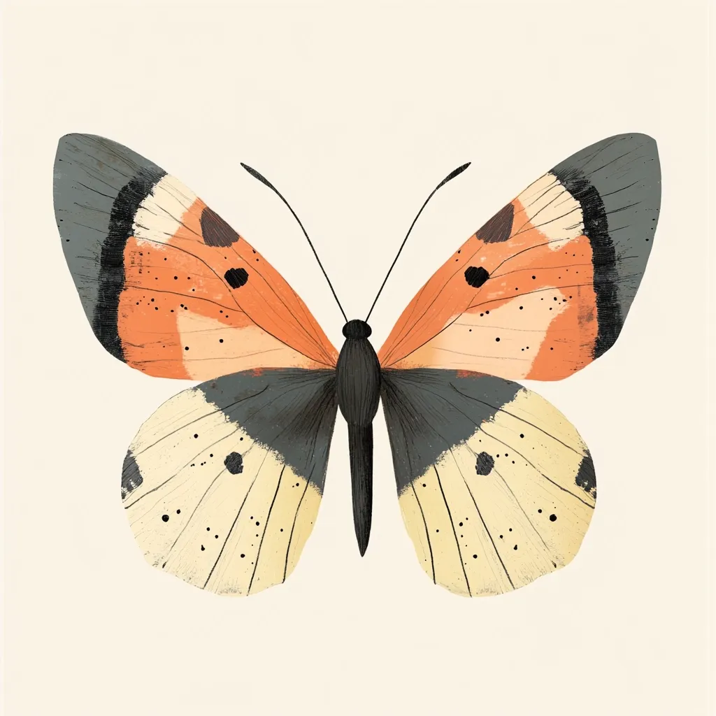 A stylized illustration of a butterfly with predominantly orange and cream wings.  The wings are segmented with dark gray accents and small black dots scattered across the cream sections. The body is a dark gray-black. The overall style is painterly and slightly textured. The butterfly is presented in profile against a light beige background.