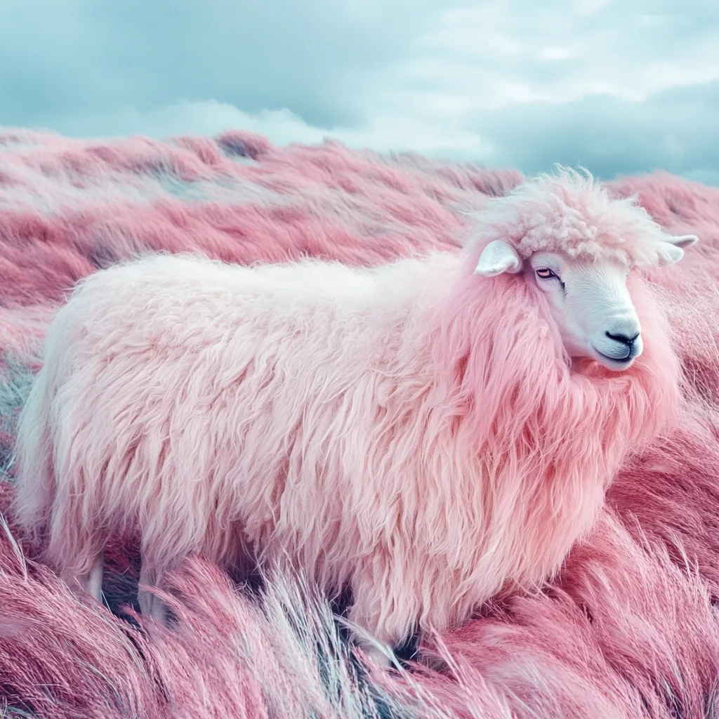 A fluffy pink sheep stands in a field of pink grass.  Its fleece is a pastel pink, contrasting beautifully with the similarly colored, long blades of grass surrounding it. The sky is a soft blue, creating a dreamy, ethereal scene. The sheep appears calm and serene, perfectly blending into its surreal environment.