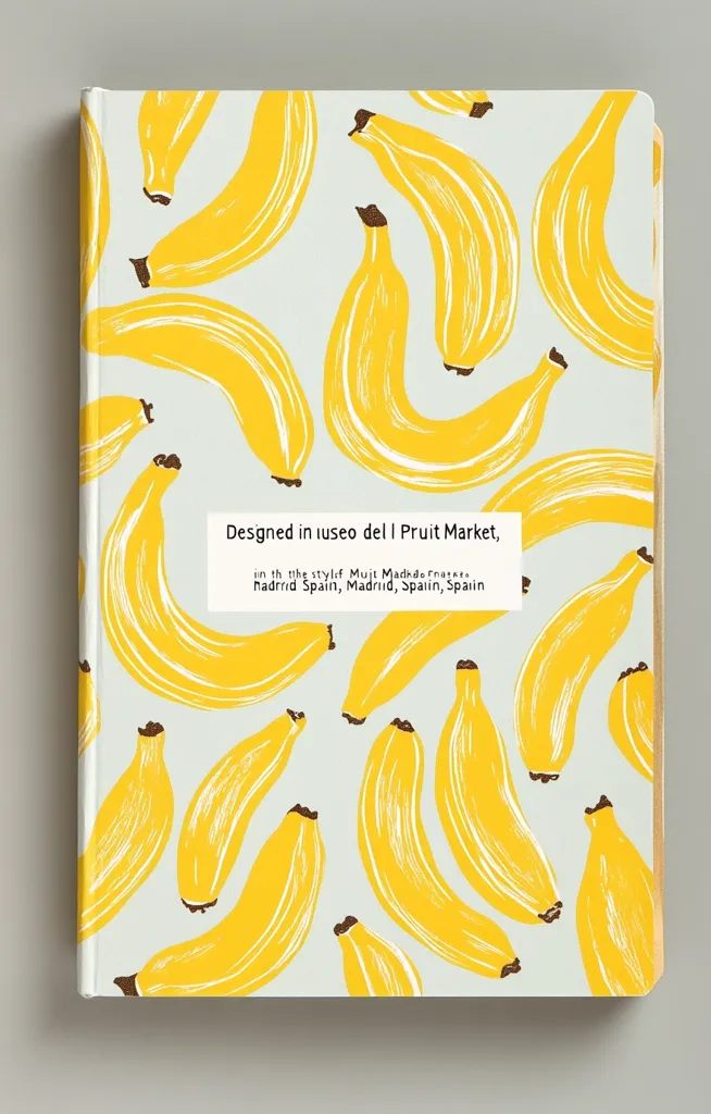 A notebook features a whimsical design of bright yellow bananas on a light gray background.  The cover is adorned with a repeating pattern of stylized bananas, playfully arranged.  A small label indicates the notebook was designed in the Pruit Market in Madrid, Spain. The overall style is modern and cheerful.
