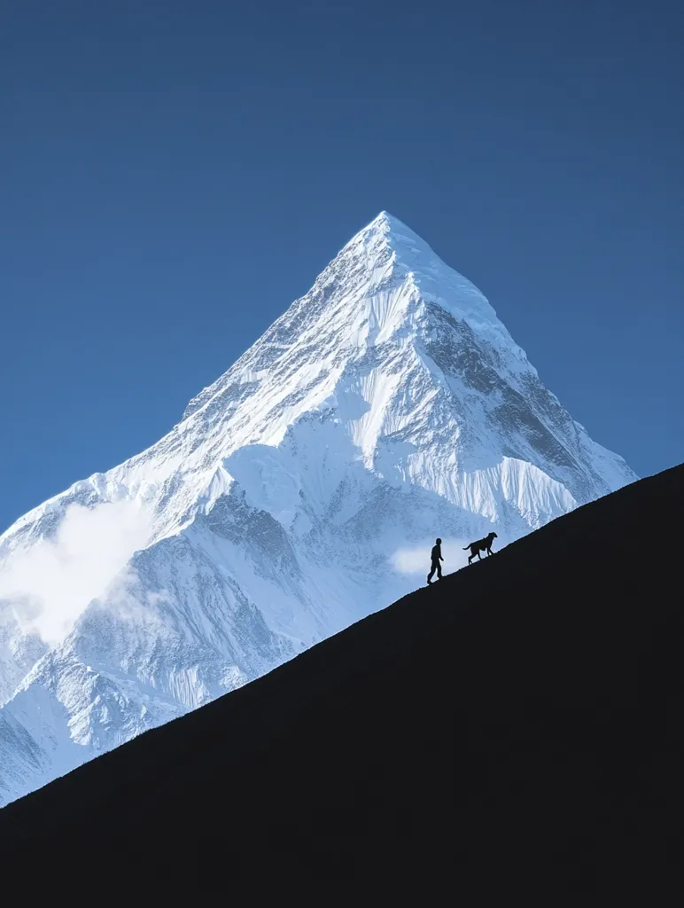 A silhouetted figure and their dog ascend a dark slope, a majestic snow-capped mountain forming a breathtaking backdrop under a clear blue sky. The stark contrast between the dark foreground and the bright, snow-covered peak creates a dramatic and awe-inspiring scene.  The image conveys a sense of adventure, perseverance, and the beauty of the natural world.