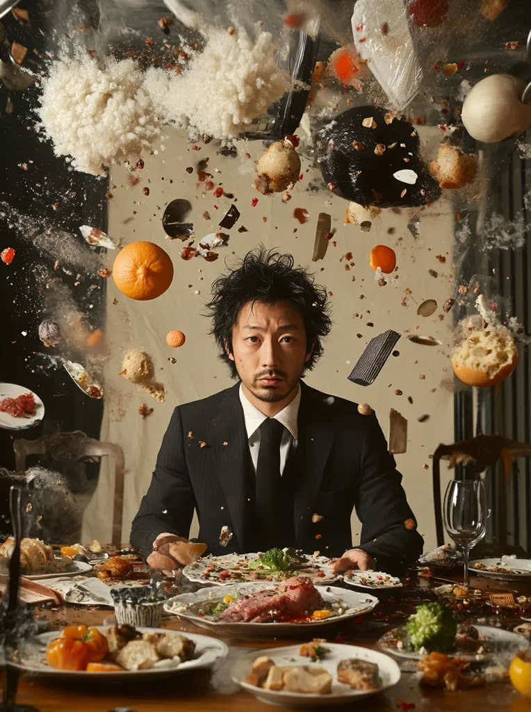 A man in a suit sits at a dining table amidst a chaotic explosion of food and debris.  Oranges, bread, and other food items are suspended in mid-air, surrounding him. The scene is dramatic and surreal, suggesting a moment of disruption or upheaval.  The man's expression is serious, contrasting with the chaotic scene. The overall image is striking and visually arresting.
