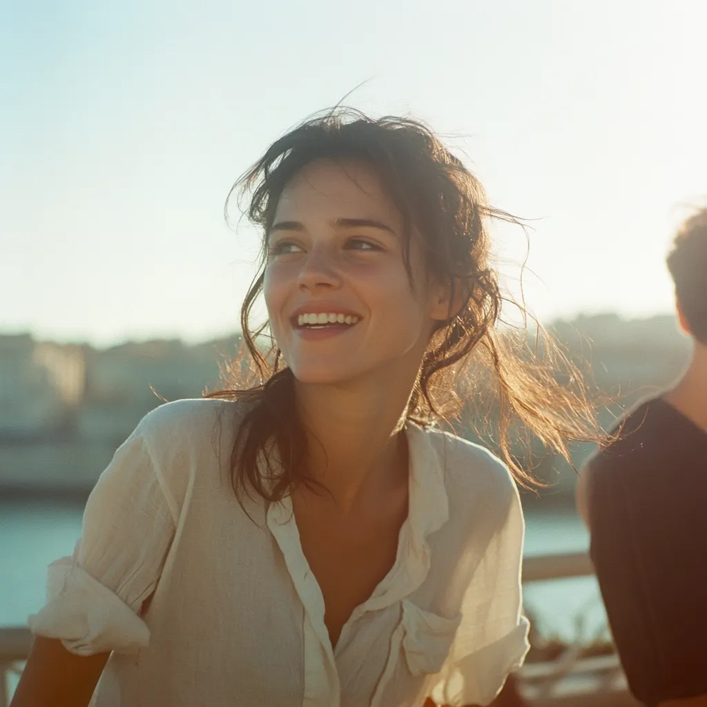 A young woman with long brown hair smiles brightly, her face illuminated by the warm sunlight.  She wears a loose, off-white shirt, and her expression is joyful and carefree.  The background is slightly blurred, suggesting an outdoor setting, perhaps a seaside town, with another person partially visible in the background. The overall mood is one of happiness and summer.