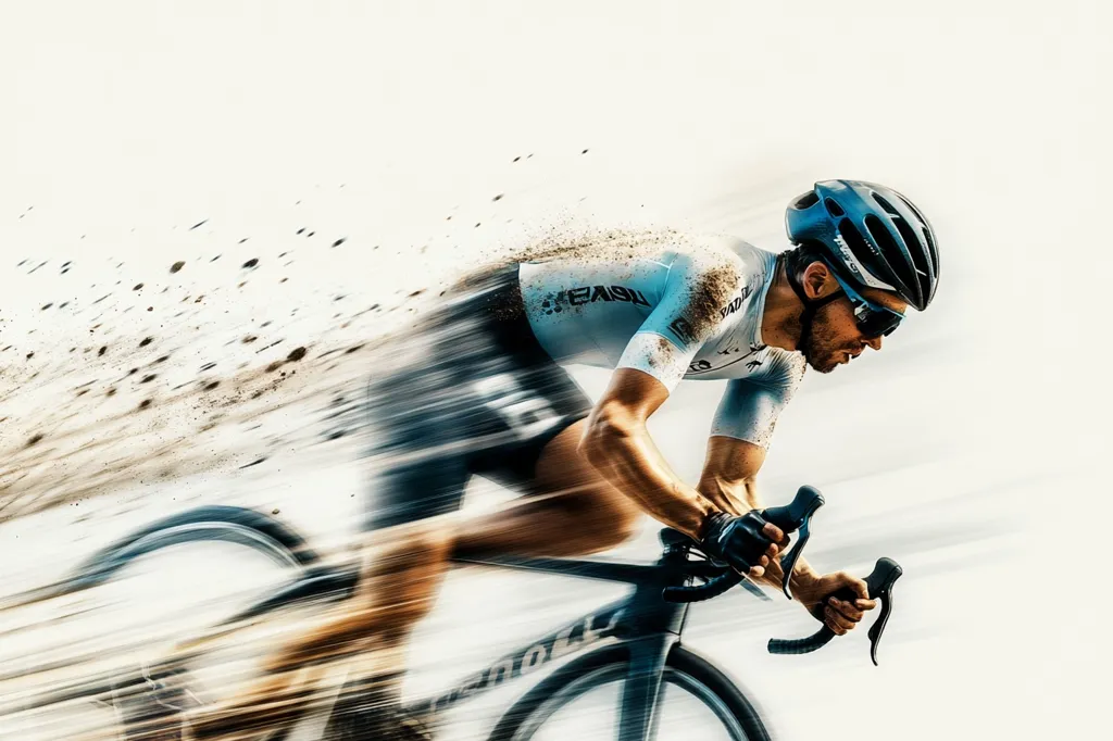 A cyclist, clad in a light blue and white jersey speckled with dirt, speeds across a blurred landscape.  The motion blur emphasizes his rapid pace, highlighting the dynamic energy of the race.  His focused expression and aerodynamic posture showcase his dedication and the intensity of the competition.  The image captures a thrilling moment of athleticism and determination.