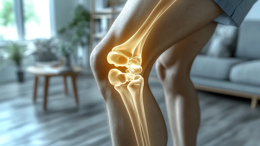 A close-up image showcases a human knee with highlighted bones, suggesting a medical or anatomical illustration.  The knee is positioned against a blurred background of a modern living room, implying a person in a domestic setting. The image's focus is on the detailed structure of the knee joint, possibly for educational or diagnostic purposes.