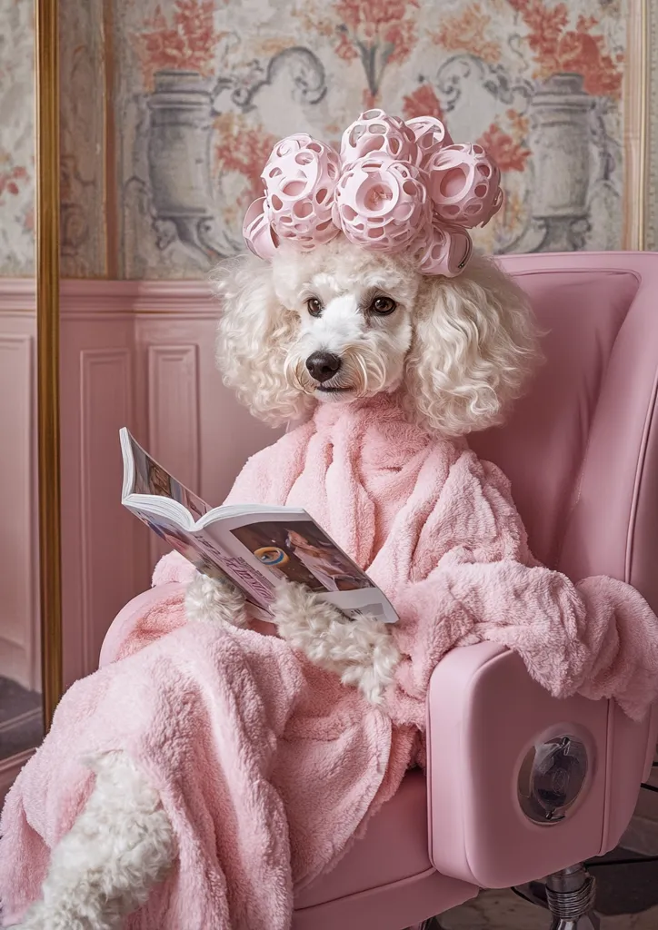 A fluffy white poodle sits in a pink armchair, wearing a pink bathrobe and hair rollers.  The dog is engrossed in reading a magazine, creating a comical and charming scene of pampered canine leisure. The setting is luxurious, with pink accents and elegant wallpaper, enhancing the overall aesthetic.