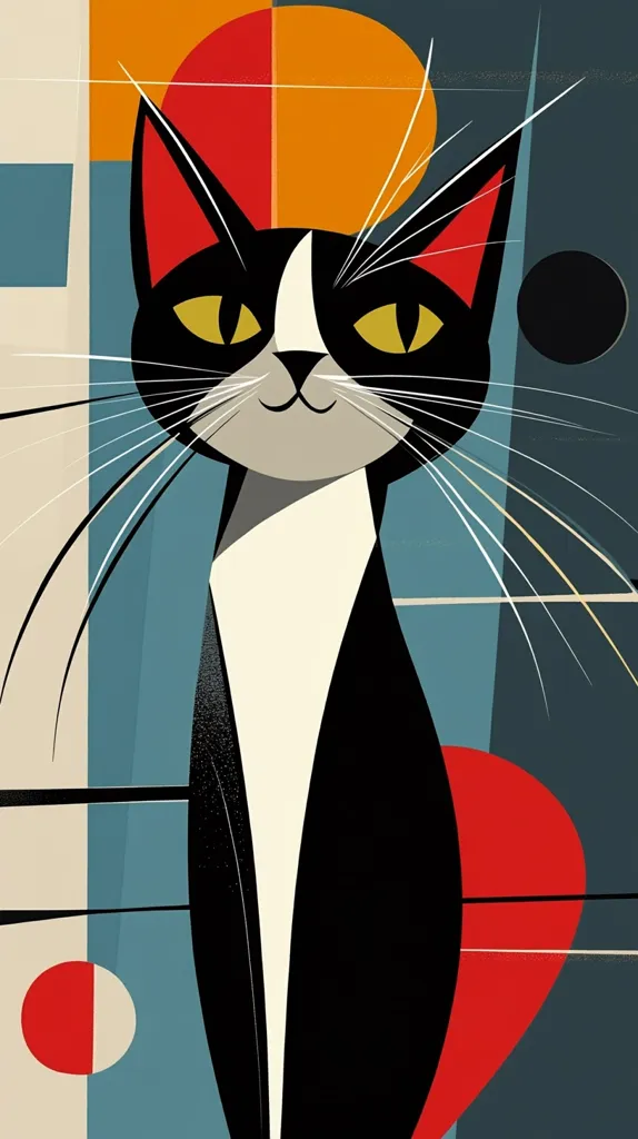 A stylized illustration of a tuxedo cat is presented against a backdrop of geometric shapes in varying shades of red, orange, and teal. The cat's features are simplified, yet expressive, with prominent yellow eyes and long whiskers. The bold color palette and clean lines create a visually striking and modern aesthetic, reminiscent of mid-century modern art.  The composition is balanced and engaging, drawing the viewer's eye to the cat's serene expression.