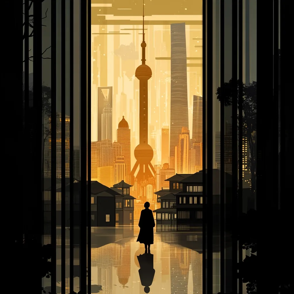 A stylized illustration depicts a lone figure standing before a shimmering cityscape, dominated by the iconic Shanghai Tower.  The warm, golden hues of the city contrast with the dark silhouette of the person and framing structure.  The scene evokes a feeling of contemplation and the juxtaposition of old and new architectural styles.  Reflections in the water add depth and a sense of serenity.