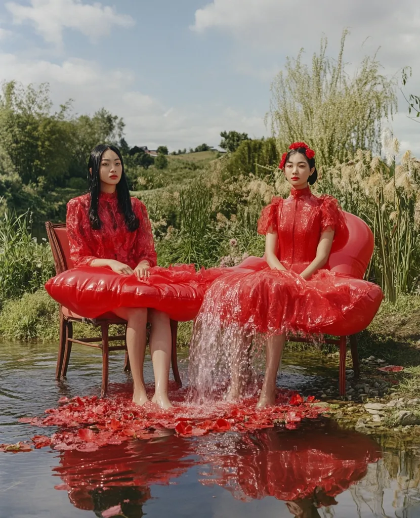 Two women in matching red lace dresses sit on inflatable red chairs partially submerged in a shallow stream.  Red petals float on the water. The setting is idyllic, with lush greenery and a blue sky in the background. One woman wears a red flower crown.  The scene is surreal and visually striking.