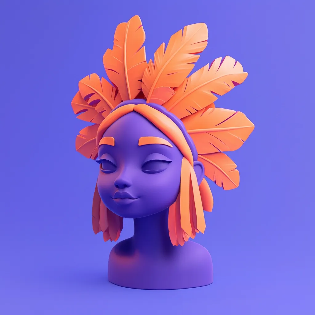 A stylized 3D render depicts a bust of a young woman with her eyes closed.  She has purple skin and orange hair styled in a headband adorned with vibrant orange stylized feathers, creating a headdress. The overall aesthetic is smooth, minimalist, and features a striking contrast between the purple and orange tones against a solid purple background.  The image conveys serenity and a touch of exoticism.