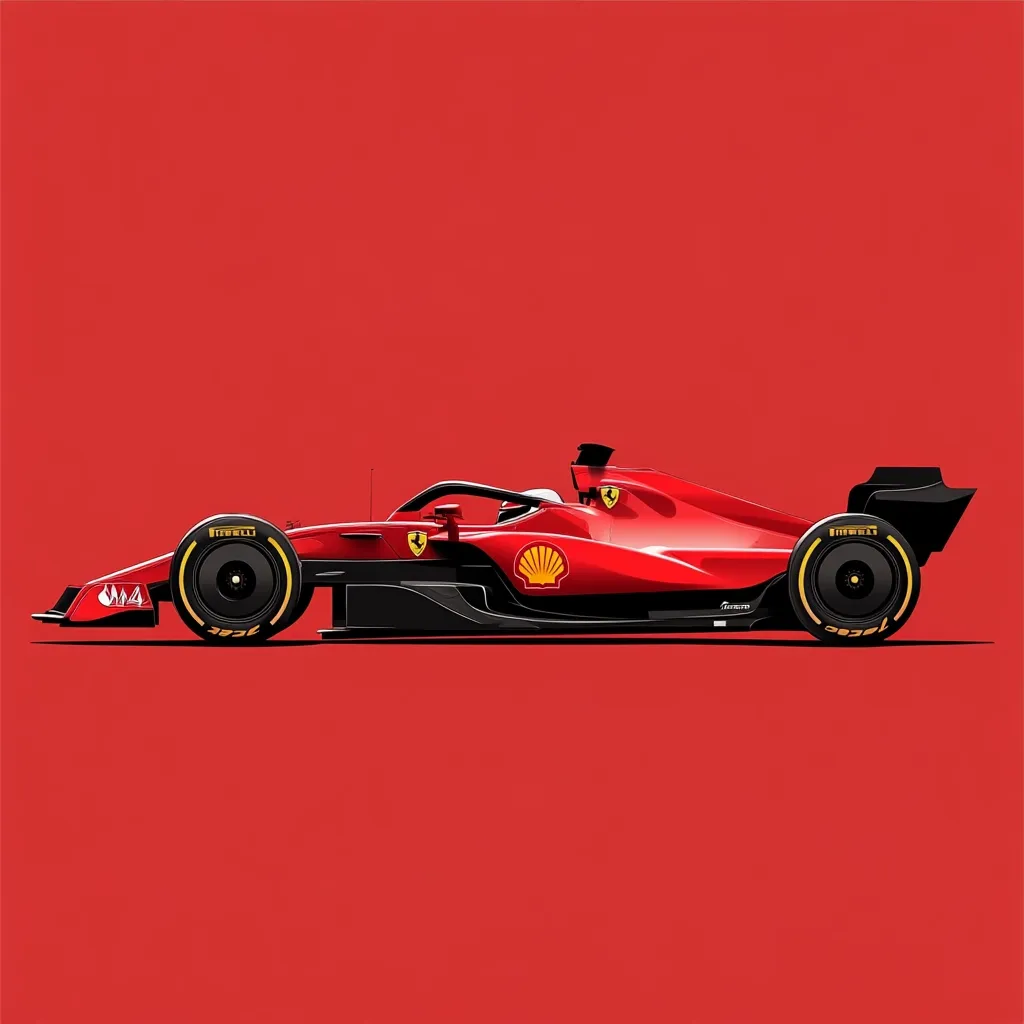 A sleek, red Ferrari Formula 1 race car is depicted in profile against a solid red background.  The car features the iconic Ferrari logo and Shell branding.  The image is minimalist, focusing on the car's clean lines and powerful silhouette.  Pirelli tires are visible, adding to the authentic racing aesthetic.  The overall style is clean and modern.