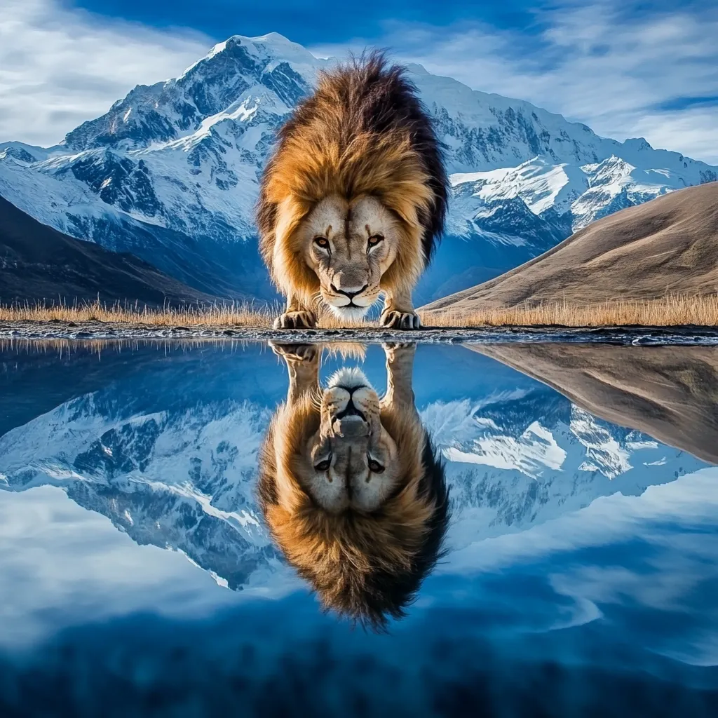 A majestic lion with a thick, golden mane stands before a tranquil mountain lake, its reflection mirroring the breathtaking snow-capped peaks in the background.  The scene is serene and powerful, showcasing the lion's regal presence against a stunning natural backdrop. The image evokes a sense of awe and the beauty of the wild.