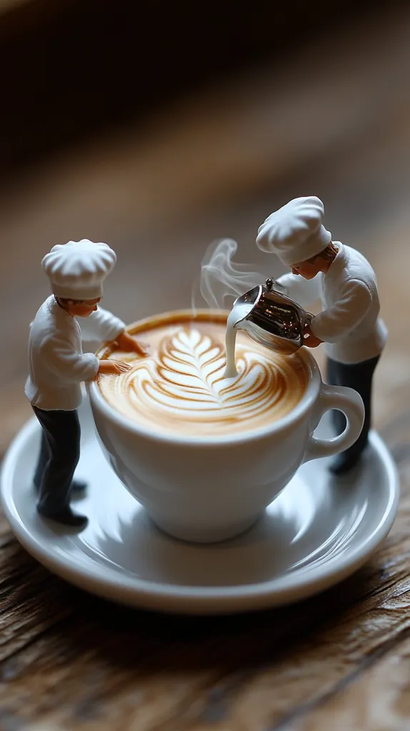 Two miniature chefs meticulously pour steamed milk into a large cup of coffee, creating a stunning latte art design. The scene is set on a rustic wooden table, with the coffee's aroma subtly suggested by a wisp of steam.  The tiny figures add a whimsical touch to the otherwise simple yet elegant image of a perfectly crafted beverage.