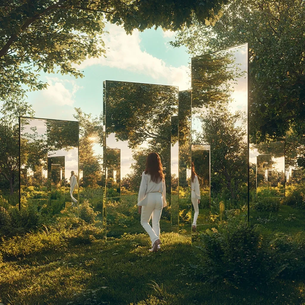 A woman in white pants and a white shirt walks through a sun-dappled forest.  Tall, rectangular mirrors stand amongst the trees, creating a mesmerizing effect of infinite reflections. The mirrors reflect the trees, sky, and the woman herself, creating a surreal and beautiful landscape. The scene evokes a sense of peace and mystery.