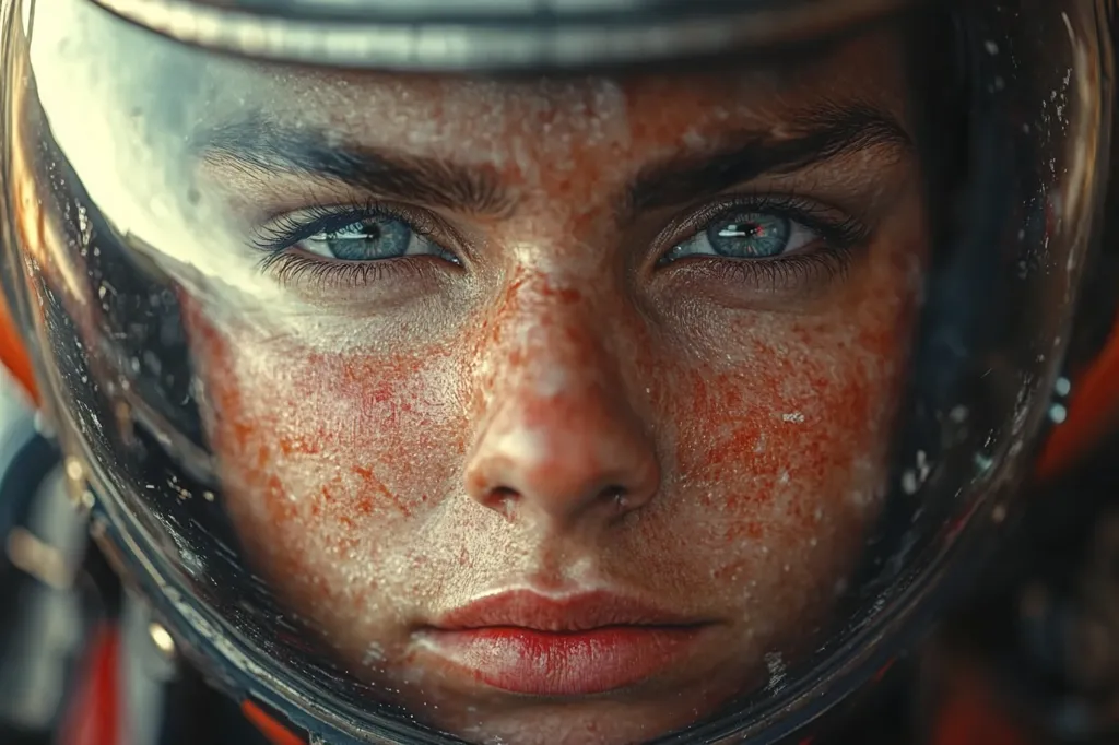 A close-up shot reveals a woman's face, partially obscured by a helmet.  Her intense blue eyes gaze directly at the viewer.  Her skin is textured, appearing weathered and marked with reddish stains, possibly from dust or exposure. The overall impression is one of grit and resilience, suggesting a harsh environment.