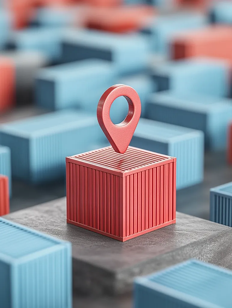 A red location marker sits atop a miniature red shipping container.  The container rests on a dark gray surface, surrounded by a blurred background of numerous smaller blue and red containers, suggesting a shipping yard or logistics center.  The image visually represents the concept of location tracking in global shipping and supply chain management.