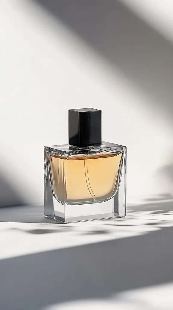 A bottle of perfume sits on a white surface, bathed in soft, diffused light.  The perfume is a light amber color, contained within a clear, square-shaped glass bottle with a black cap.  Shadows cast by unseen objects create a minimalist, elegant aesthetic. The overall impression is one of clean simplicity and understated luxury.