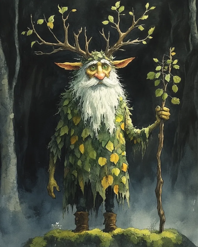 A watercolor painting depicts a whimsical forest creature.  The figure has antlers adorned with leaves, a long white beard, and a cloak of green and yellow foliage.  Its expression is melancholic.  It stands on mossy ground in a dark forest, holding a gnarled walking stick, creating a mystical and slightly eerie atmosphere. The artwork showcases a blend of fantasy and nature.
