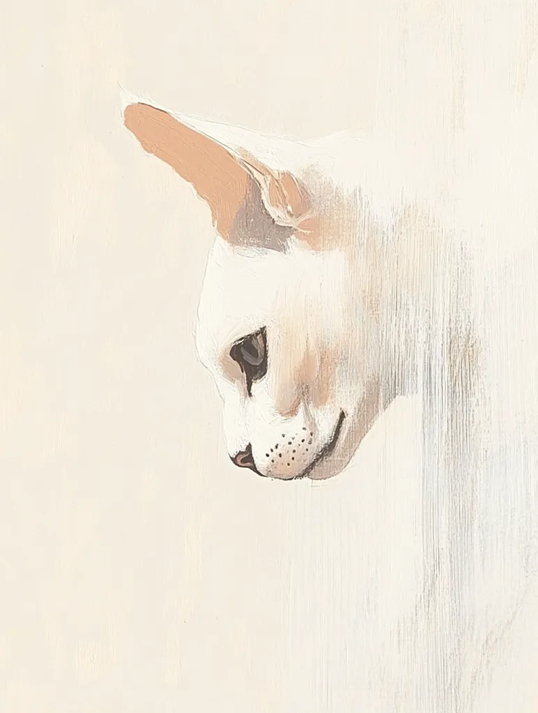 A stylized painting of a white cat's head and shoulders, viewed in profile.  The cat's gaze is directed downward, and its features are softly rendered with visible brushstrokes. The background is a pale, off-white, creating a serene and minimalist aesthetic.  The overall impression is one of quiet contemplation and gentle beauty.