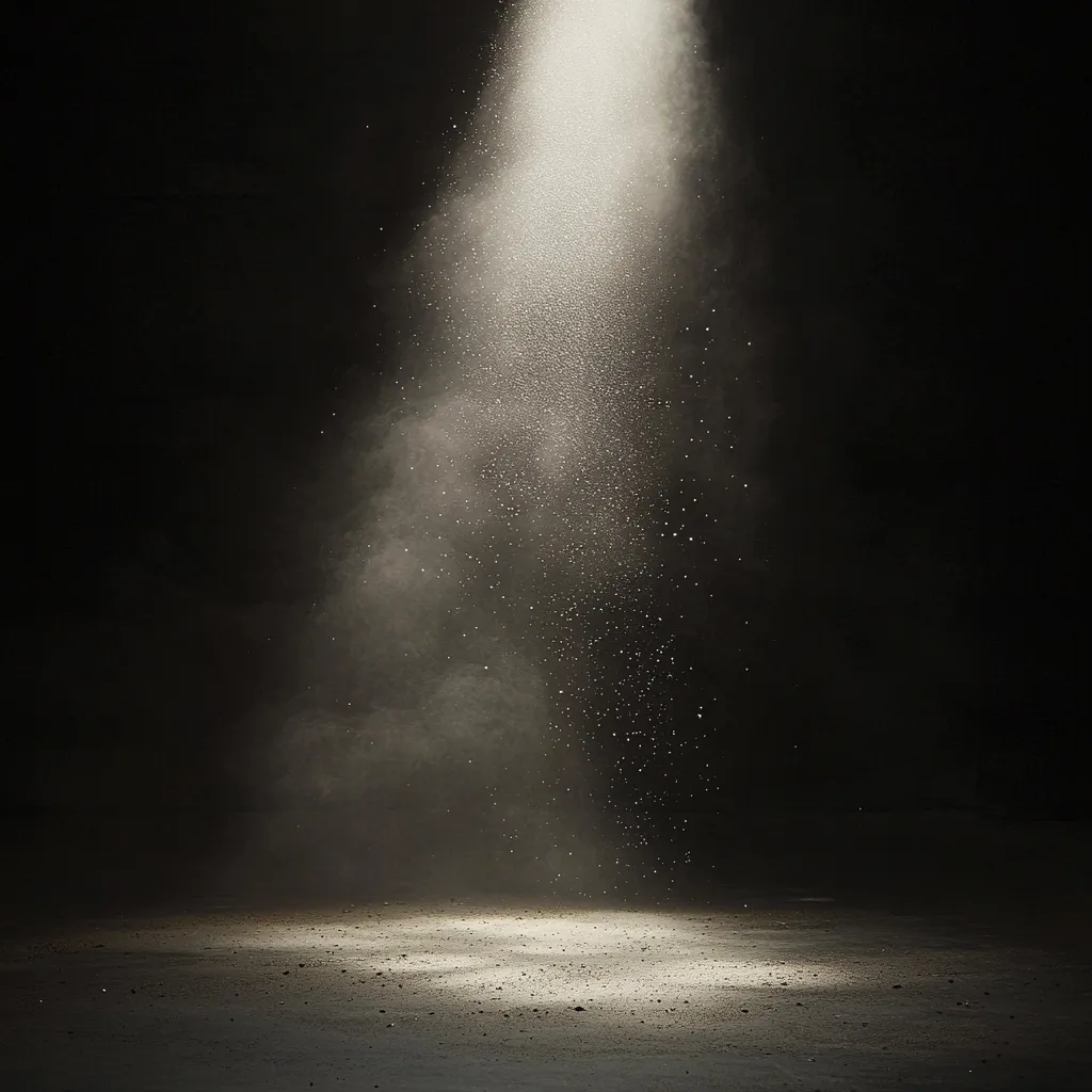 A single spotlight illuminates a dark, dusty room.  Particles of dust are suspended in the beam of light, creating a hazy, ethereal effect. The light casts a bright circle on the dark concrete floor, emphasizing the contrast between light and shadow. The overall atmosphere is moody and dramatic.