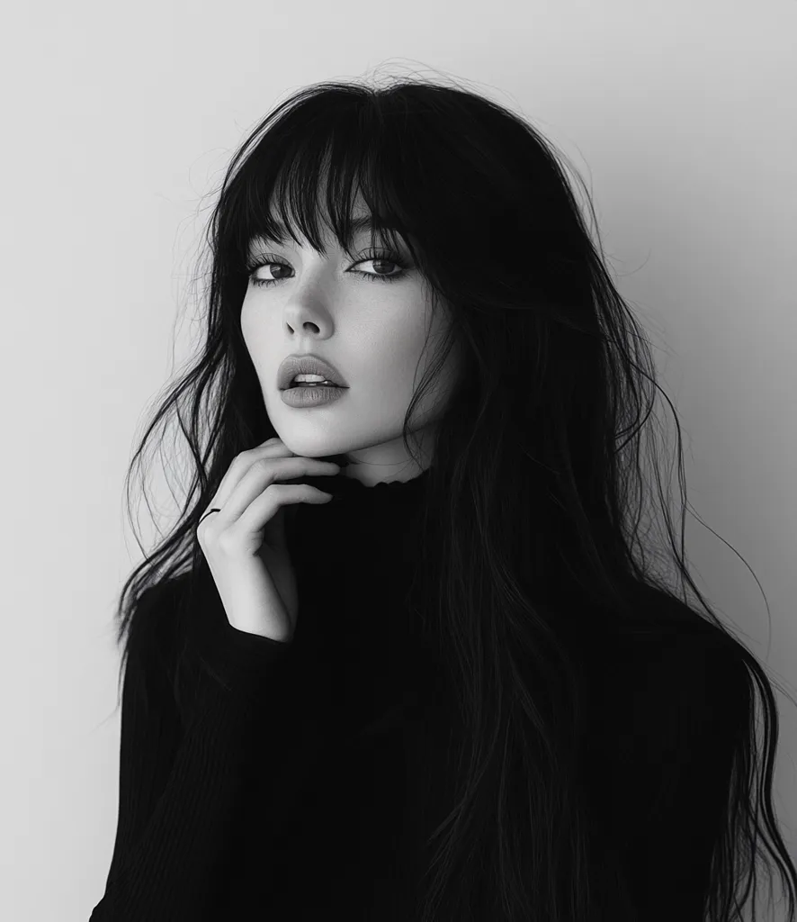 A black and white portrait of a young woman with long, dark hair and blunt bangs.  She's wearing a black turtleneck sweater and has her hand gently resting on her chin. Her expression is serious and her gaze is directed slightly away from the camera. The image is stylish and moody, emphasizing her striking features and dark hair.