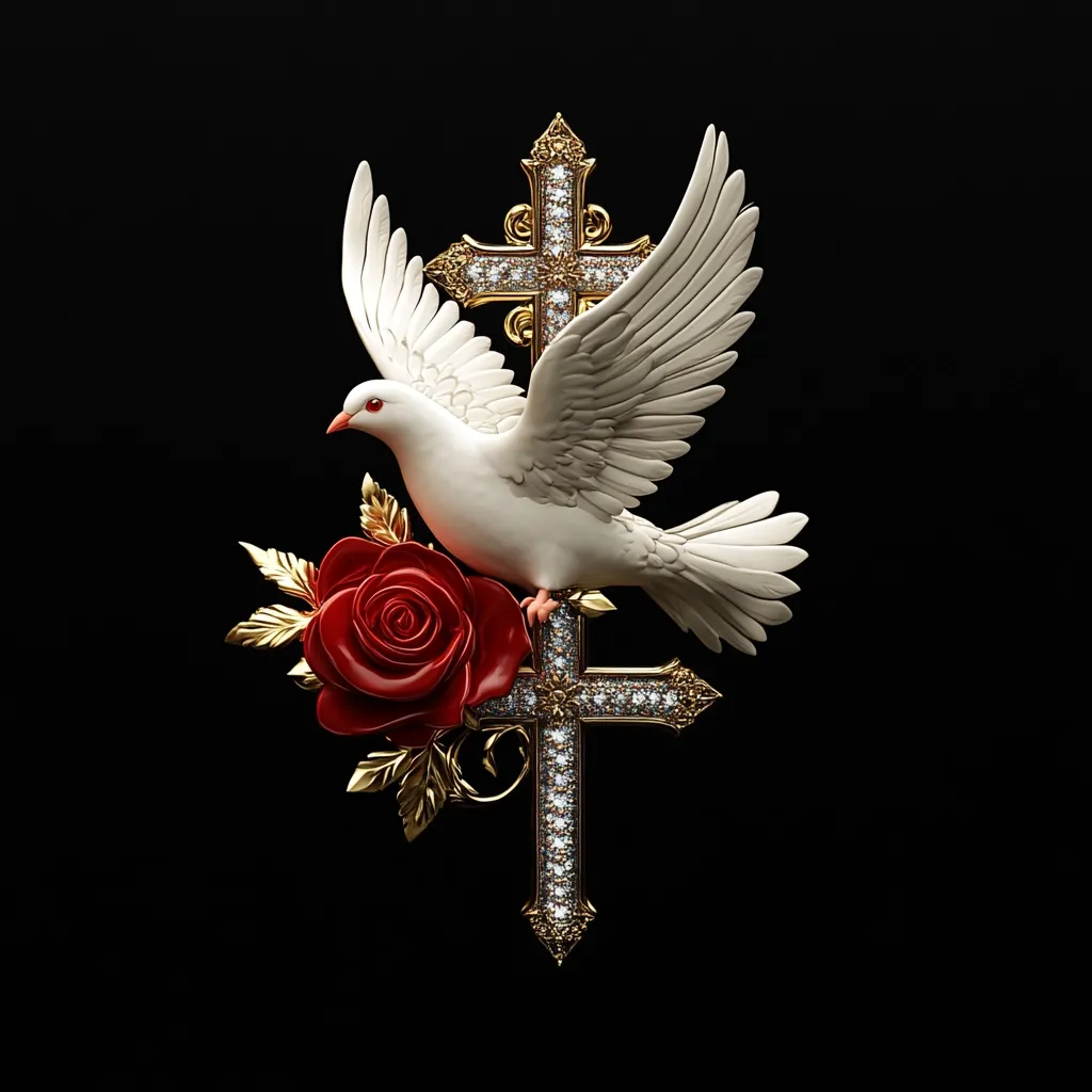 A 3D rendering showcases a stunning gold cross adorned with diamonds, centrally positioned.  A white dove, symbolising peace, rests on the cross, its wings spread.  A vibrant red rose, nestled beneath the dove, adds a touch of elegance. The dark background emphasizes the intricate details of the design, creating a striking visual. The overall image evokes feelings of remembrance and hope.