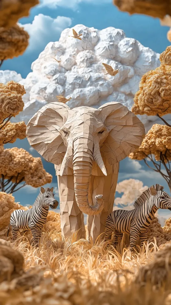 A majestic paper mache elephant stands in a whimsical savanna.  Two zebras flank the elephant, all crafted from folded paper, creating a textured, artistic effect.  The background features a stylized paper cloud and textured, sculpted trees, contributing to the surreal and dreamlike atmosphere.  Small paper birds add to the scene's imaginative quality.