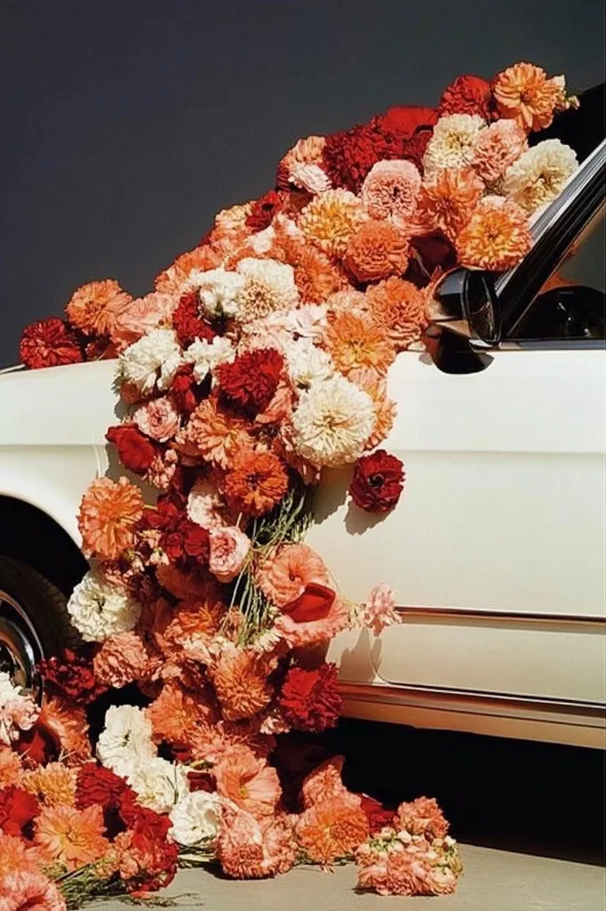 A vintage white car is adorned with a cascade of vibrant flowers.  The blooms, in shades of red, orange, and white, spill over the car's side, creating a lush and romantic scene.  The flowers appear to be a mix of carnations, dahlias, and poppies, creating a textural and colorful display.  The contrast between the clean lines of the car and the overflowing abundance of flowers is striking.