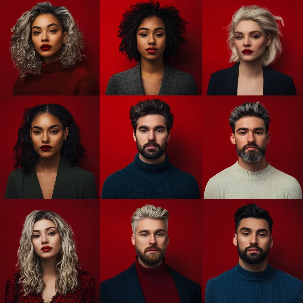 Nine headshots against a vibrant red background showcase diverse individuals.  Women and men with varying hair colors and styles, including curly, straight, and blonde, are featured. Each person maintains a serious expression, creating a striking visual composition.  The overall aesthetic is modern and sophisticated.