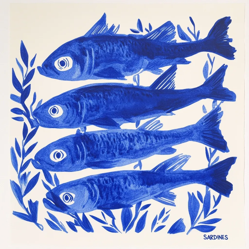 A vibrant blue artwork depicts four sardines arranged horizontally, their bodies overlapping slightly.  The fish are rendered in a bold, stylized manner, with simple yet expressive details. They are surrounded by stylized blue foliage, creating a decorative border. The word "SARDINES" is subtly written in blue at the bottom. The overall style suggests a print or painting with a possibly nautical or Mediterranean theme.