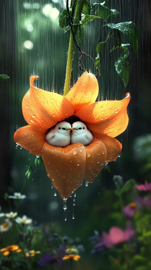 Two tiny white birds huddle together for warmth inside a vibrant orange flower, which is sheltered from the rain by its large petals.  Rain drops cling to the flower's surface, and the scene is set against a softly blurred background of lush greenery and colorful wildflowers. The overall mood is one of serene beauty and peaceful refuge.