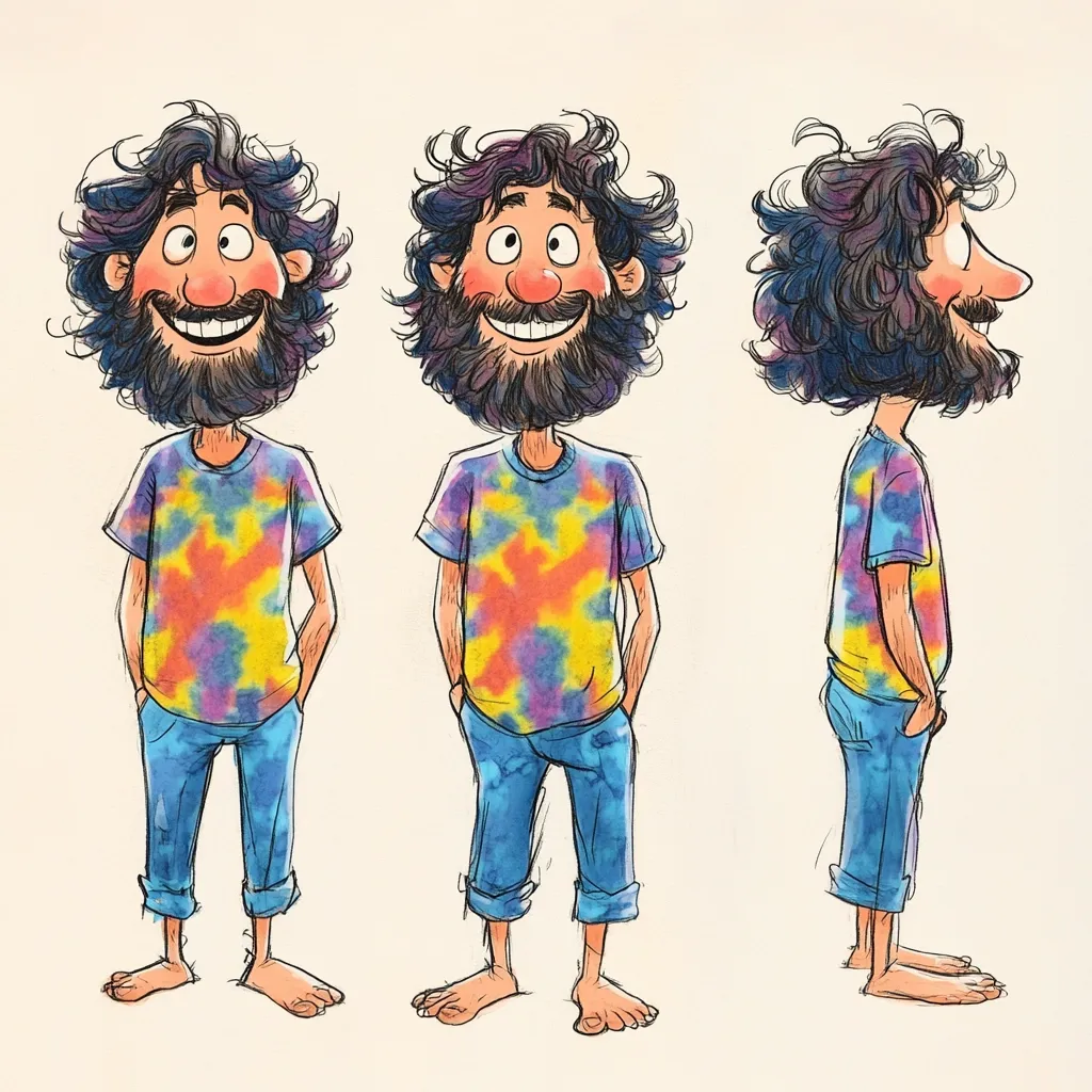 A whimsical illustration showcases a cartoon man with a large, curly dark mane and beard, donning a tie-dye shirt and blue jeans.  Three views are presented: front, front slightly angled, and side profile. His expressive features and barefoot stance contribute to a carefree, possibly 1960s-inspired, aesthetic.  The style is loose and sketchy, with visible brushstrokes adding to its charm.