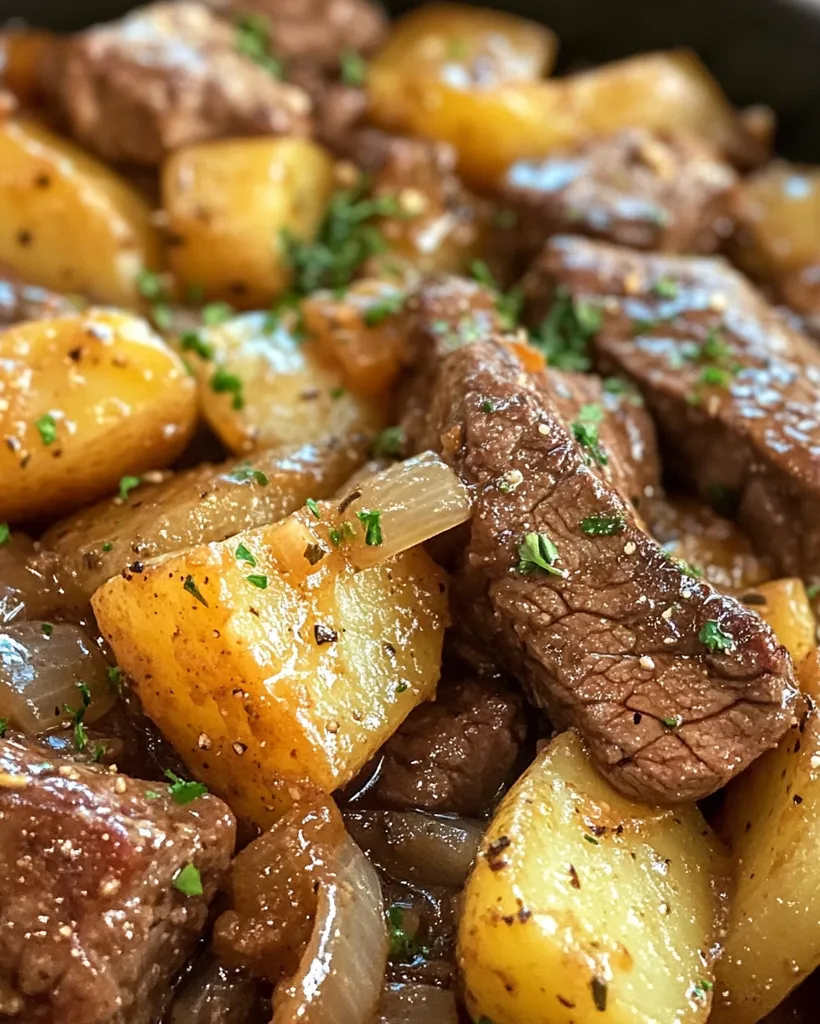 A close-up shot reveals a hearty stew brimming with succulent chunks of beef and golden-brown potatoes.  The glistening potatoes and meat are interspersed with sautéed onions, all seasoned with herbs and spices.  A sprinkling of fresh parsley adds a vibrant green touch to the rich, savory dish. The overall impression is one of warmth and deliciousness.