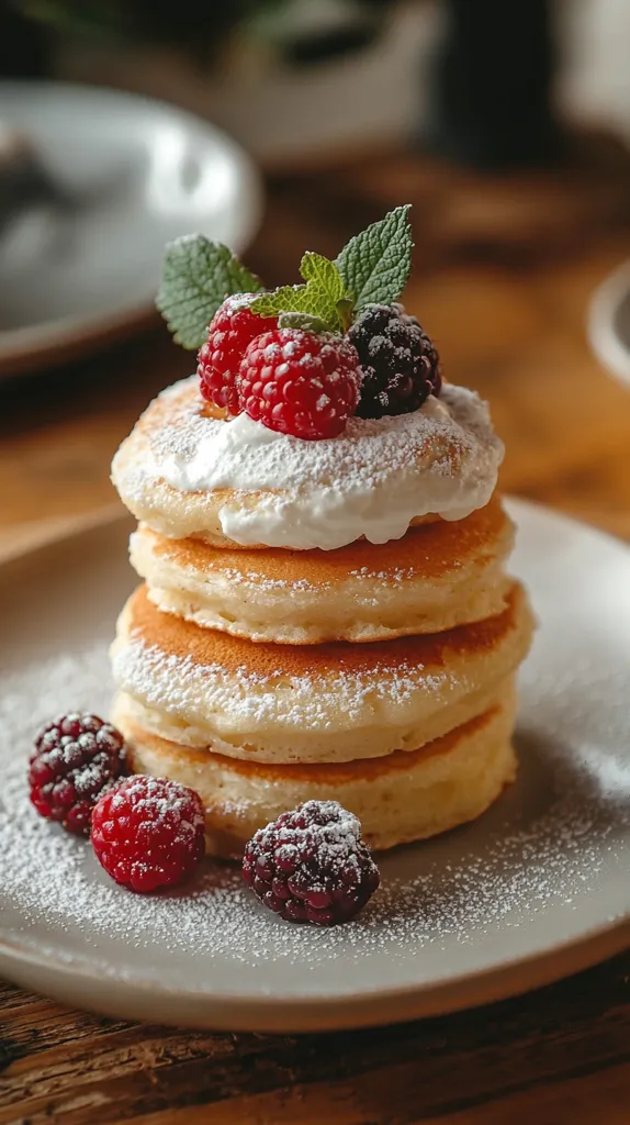 A stack of fluffy pancakes is topped with whipped cream, fresh raspberries, blackberries, and a sprig of mint.  The pancakes are dusted with powdered sugar, and the plate is lightly dusted as well.  Several more berries are artfully arranged around the base of the pancake stack on a grey plate, set on a rustic wooden surface.