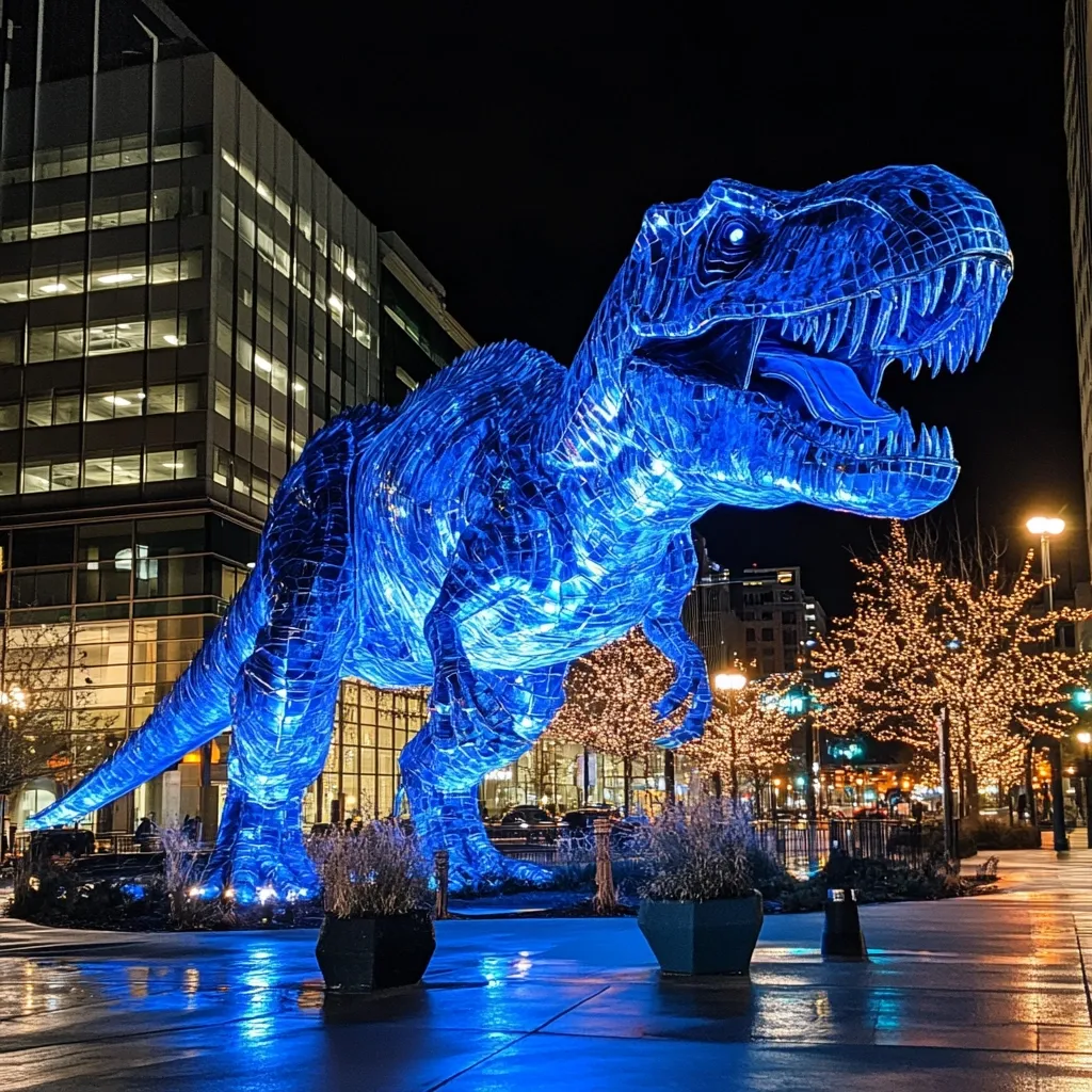 A large, luminous blue Tyrannosaurus Rex sculpture dominates a city plaza at night.  Illuminated from within, the intricate, seemingly glass-like structure casts a vibrant blue glow on the wet pavement.  The background features modern city buildings and festively lit trees, creating a striking contrast between urban architecture and the prehistoric beast.