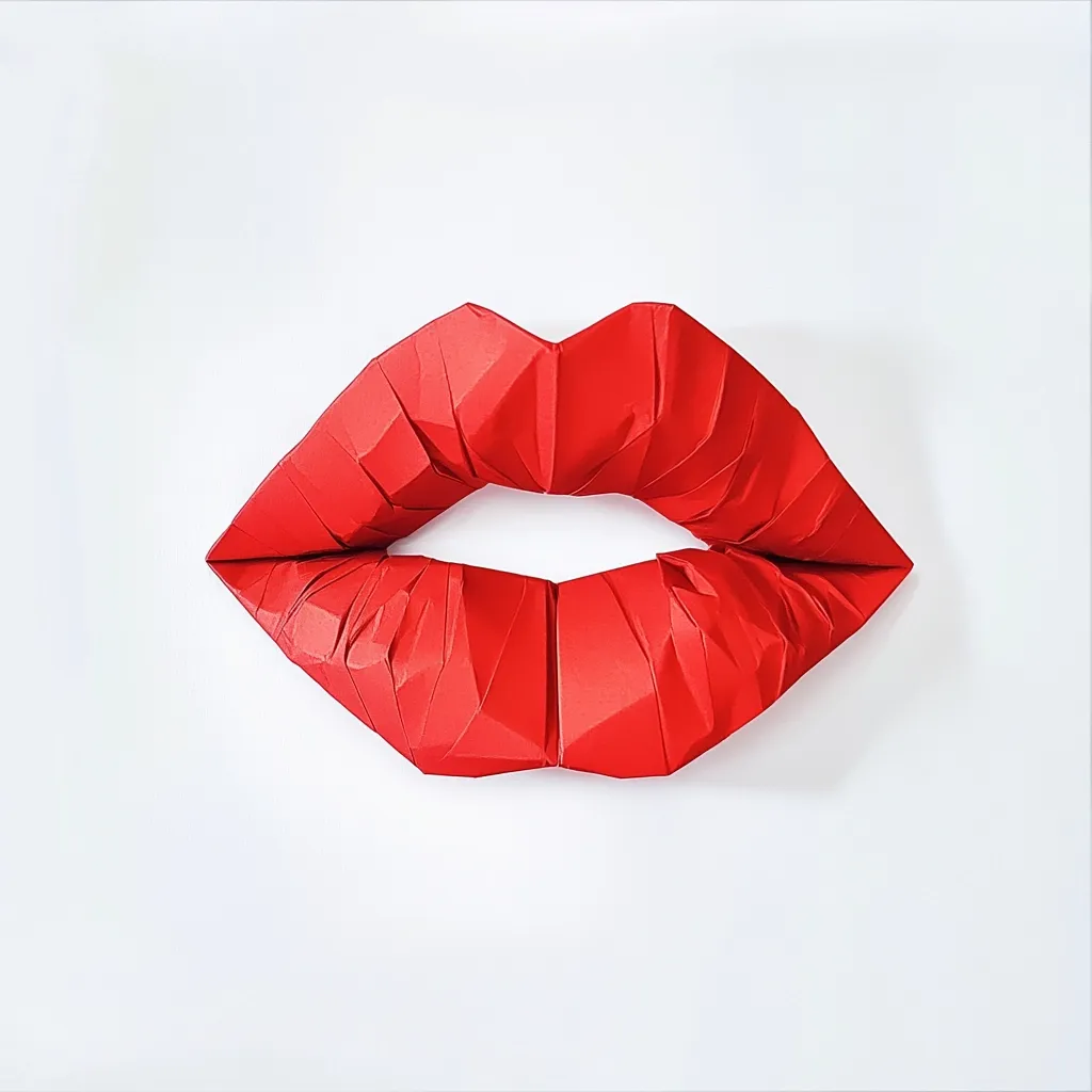 A striking image features a pair of vibrant red lips artfully crafted from folded paper.  The origami-style construction gives the lips a geometric, faceted texture.  The bold color and unique design create a modern and eye-catching visual, set against a simple white background. The overall effect is one of bold graphic design.