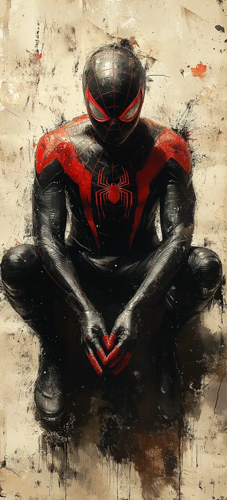 A stylized depiction of Miles Morales, Spider-Man.  He's crouched, his black and red suit detailed against a textured, grunge-style backdrop.  The art style is reminiscent of a painting, with visible brushstrokes and splatters.  His pose is contemplative, his hands clasped together.  The red spider emblem on his chest is prominent.