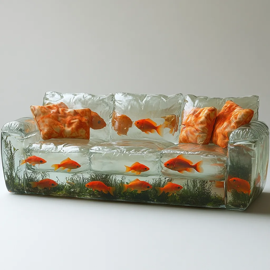 A three-seater sofa, seemingly made of transparent resin, is filled with water, aquatic plants, and numerous goldfish.  Orange throw pillows rest on the cushions. The unusual design creates a surreal, aquarium-like effect, blurring the line between furniture and aquatic habitat.  The goldfish swim freely within the sofa's structure.