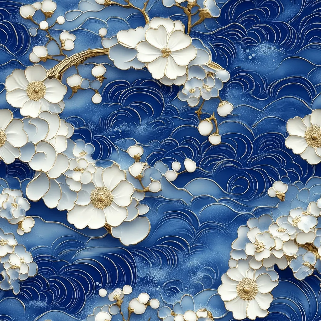 A luxurious blue and white floral design features embossed white blossoms with gold accents, arranged on a branch against a background of stylized blue waves. The three-dimensional effect creates a sense of depth and texture, suggestive of fine china or porcelain.  Gold outlines enhance the floral details, creating a sophisticated and elegant aesthetic.  The pattern is seamlessly repetitive, ideal for wallpaper or textile design.