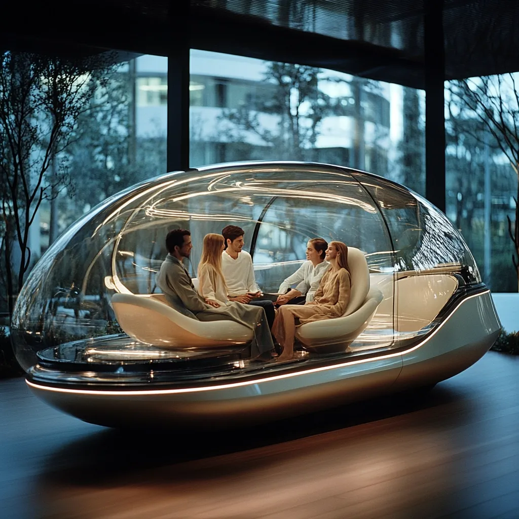 Four young adults comfortably sit inside a futuristic, transparent pod-like vehicle.  The pod is sleek, ovular, and rests on a low, smooth base.  The interior features soft, cream-colored seating, providing a luxurious and intimate atmosphere.  The vehicle is situated in a modern building with large windows overlooking an evening cityscape.  The scene conveys a sense of elegance and advanced technology.
