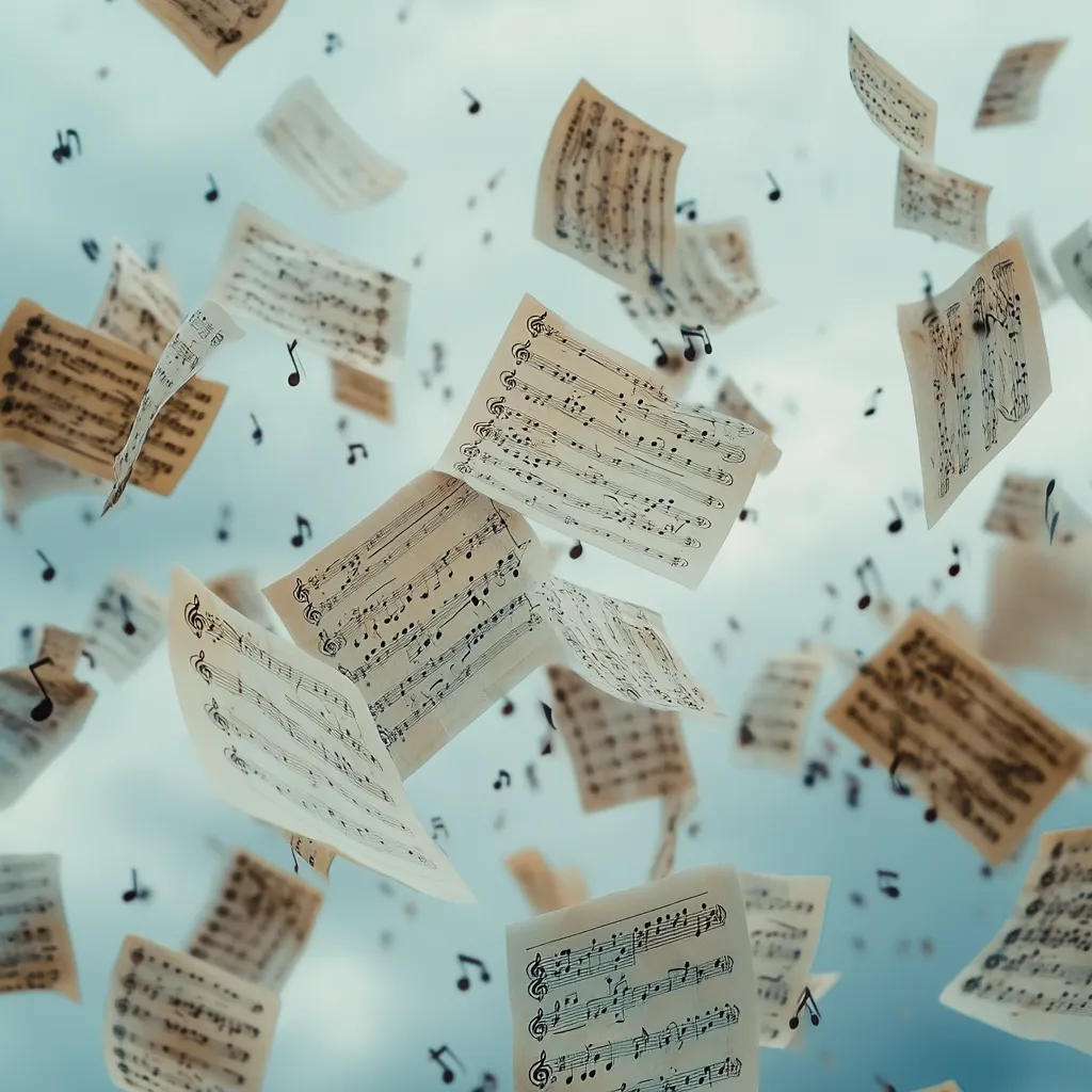 Sheets of musical notation flutter against a pale blue sky, creating a whimsical, ethereal scene.  Individual musical notes dance amidst the falling scores, suggesting a sense of freedom and the boundless nature of music. The aged appearance of the paper hints at classic compositions,  evoking a feeling of nostalgia and the timeless quality of musical expression.