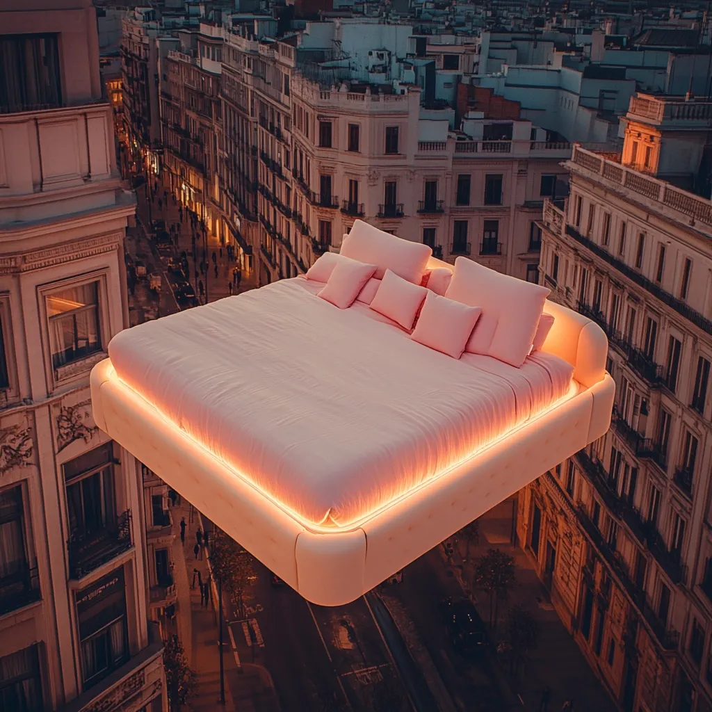 A pink, levitating bed floats above a city street at dusk.  The bed is softly lit from below, and adorned with several pink pillows.  Buildings stretch out in the background, their windows glowing warmly.  The scene is surreal and dreamlike, suggesting a fantasy or futuristic setting.